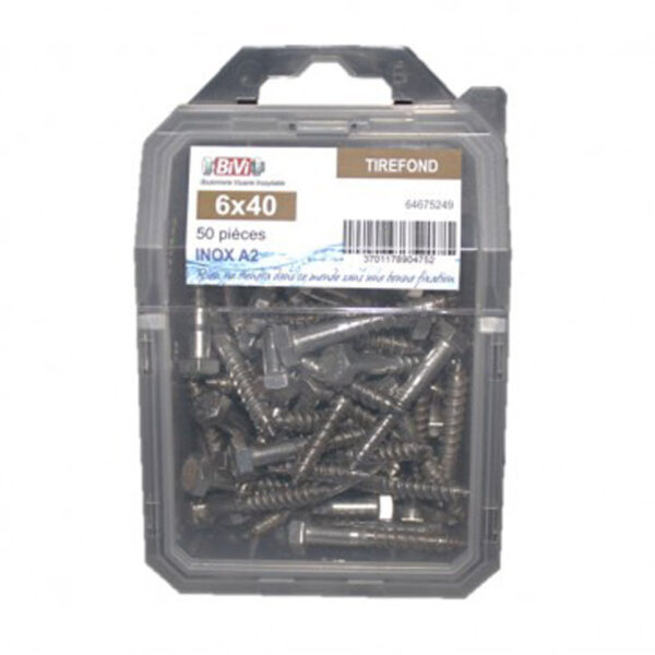 Vis à bois tête hexagonale (Tirefond) Inox A2 - Coque de 20 pièces - 8 x 50 mm- Vendu par 4