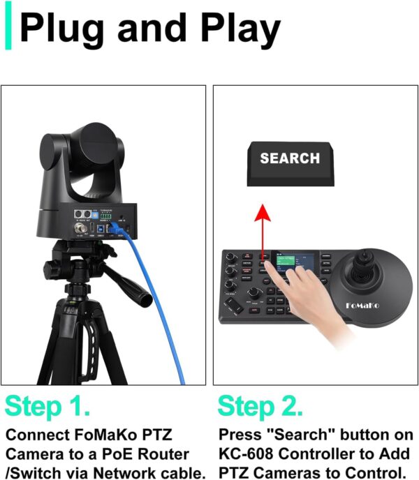 FoMaKo NDI PTZ Camera Bundle AI Suivi automatique (certifié NDI 6 et NDI HX3), caméra PTZ HDMI PoE à zoom optique 20X pour le culte de l'église, contrôleur PTZ, BN201 (NDI PTZ Bundle KN20A + KC608) – BN201 – Image 5