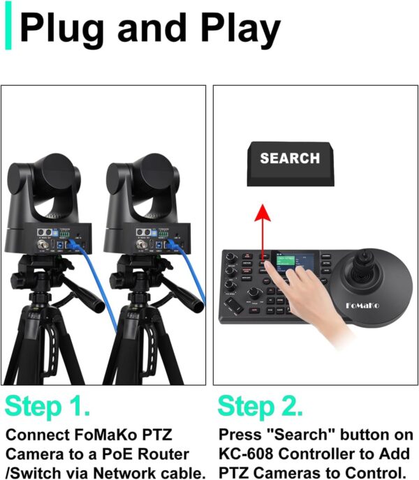 Caméra PTZ FoMaKo NDI (certifiée NDI 6 et NDI HX3), suivi automatique par IA, zoom optique 20x, PoE, HDMI, pour le culte, contrôleur PTZ, BN202 (pack PTZ KN20Ax2 + KC608) - BN202 – Image 4