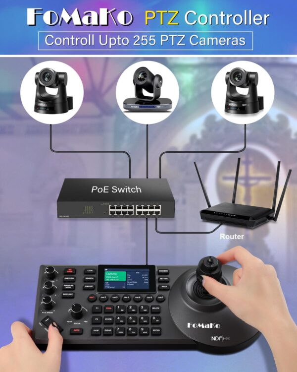 FoMaKo Contrôleur de caméra NDI PTZ 3" LCD d'aperçu, clavier de contrôleur de caméra NDI avec joystick 4D pour Church Live (licence NDI incluse) KC608N - KC608N – Image 2