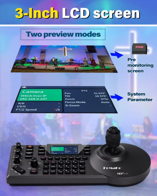 FoMaKo Contrôleur de caméra NDI PTZ 3" LCD d'aperçu, clavier de contrôleur de caméra NDI avec joystick 4D pour Church Live (licence NDI incluse) KC608N - KC608N – Image 3