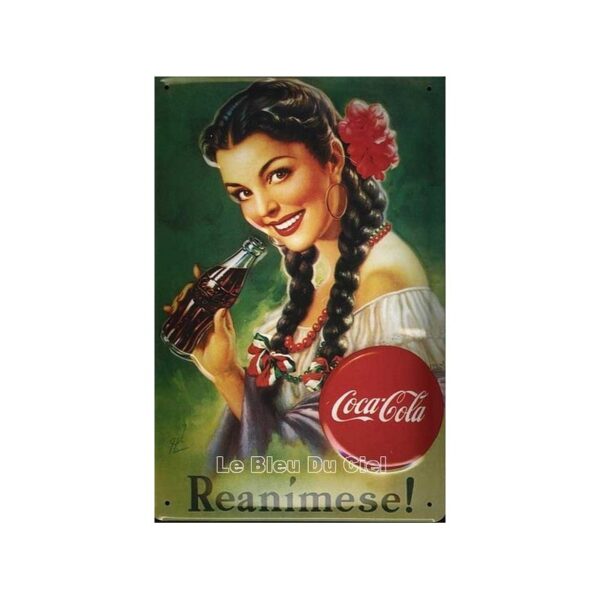 Plaque métal publicitaire 20x30cm bombée en relief : Coca Cola Reanimese.