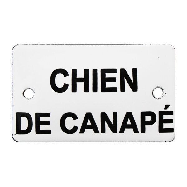 Plaque humoristique émaillée bombée 6 x 10 cm: CHIEN DE CANAPÉ