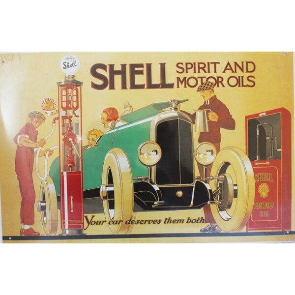 Plaque métal publicitaire 30x40cm plate en relief : SHELL SPIRIT AND MOTORS OILS.