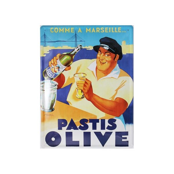 Plaque métal publicitaire plate 30x40cm bombée : PASTIS OLIVE