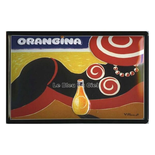 Plaque métal publicitaire 20x30cm bombée en relief : ORANGINA PLAGE VILLEMOT