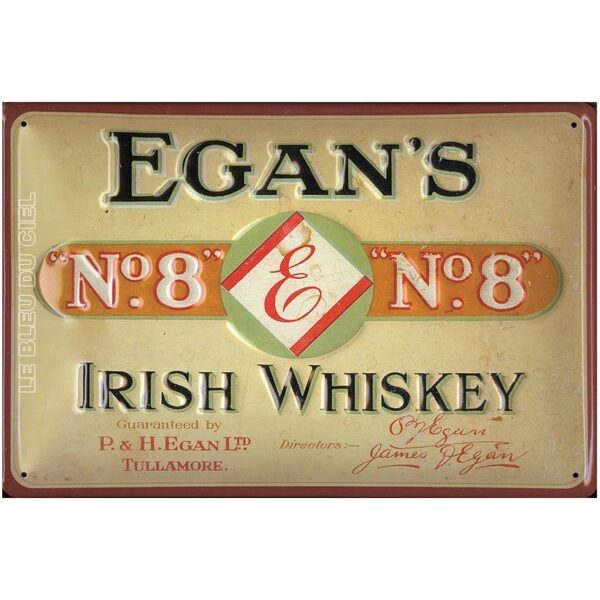Plaque métal publicitaire 20x30cm bombée en relief : EGAN'S IRISH WHISKEY.
