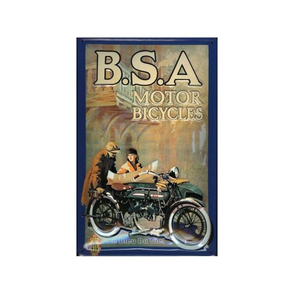 Plaque métal publicitaire 20x30cm bombée en relief : B.S.A. MOTOR BICYCLES.