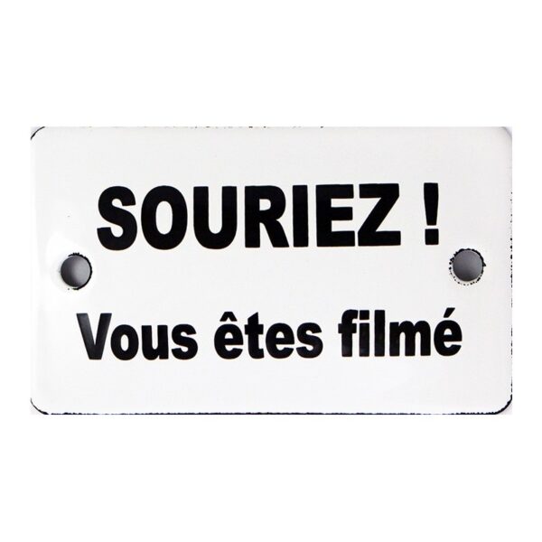 Plaque de service émaillée bombée de 6x10cm : SOURIEZ ! VOUS ÊTES FILMÉ