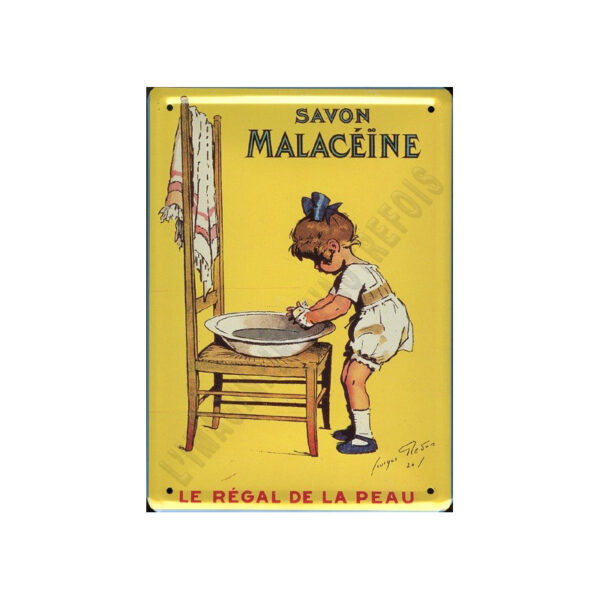 Plaque métal publicitaire 15x21cm bombée : Savon Malacéïne