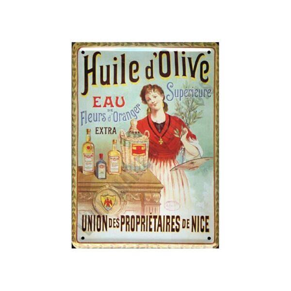 Plaque métal publicitaire 15x21cm bombée : Huile d'Olive de Nice