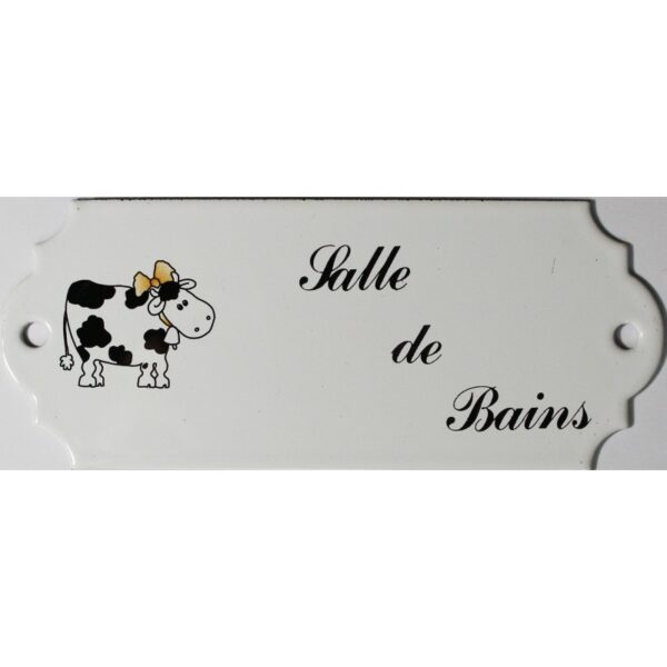 Plaque de porte émaillée décor vache : Salle de bains