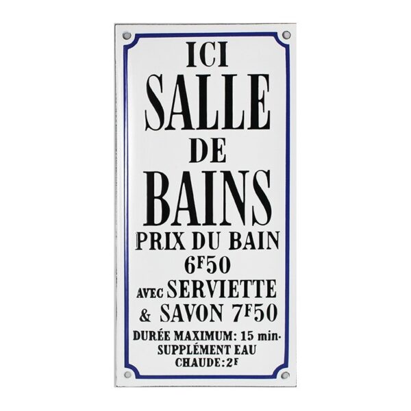 Plaque de service émaillée humoristique : ICI SALLE DE BAIN...