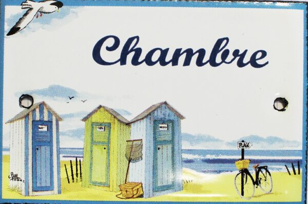 Plaque de porte émaillée plate de 10,5 x 7cm décor plage : CHAMBRE. – Image 2