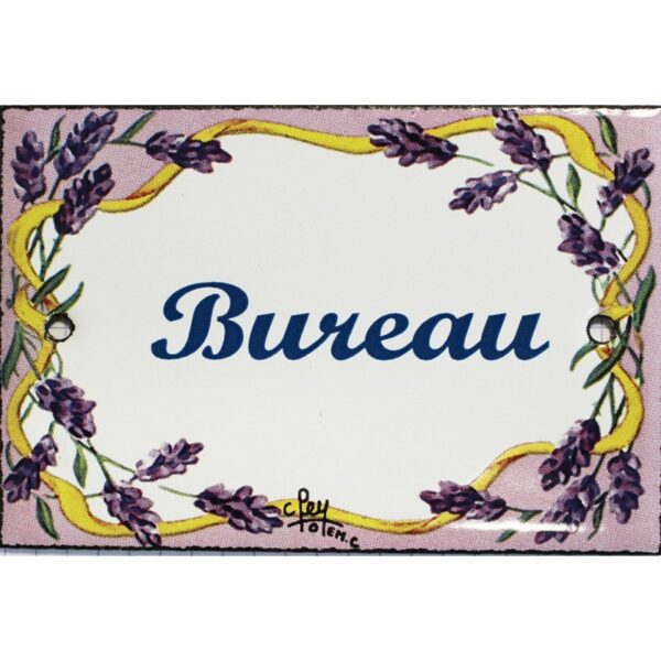 Plaque de porte émaillée plate de 10,5 x 7cm décor lavandes : BUREAU.