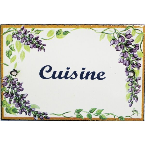 Plaque de porte émaillée plate de 10,5 x 7cm décor glycines : CUISINE.