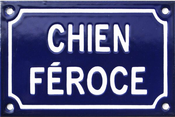 Plaque de rue émaillée de 10x15cm en relief, plate, faite au pochoir. CHIEN FEROCE – Image 2