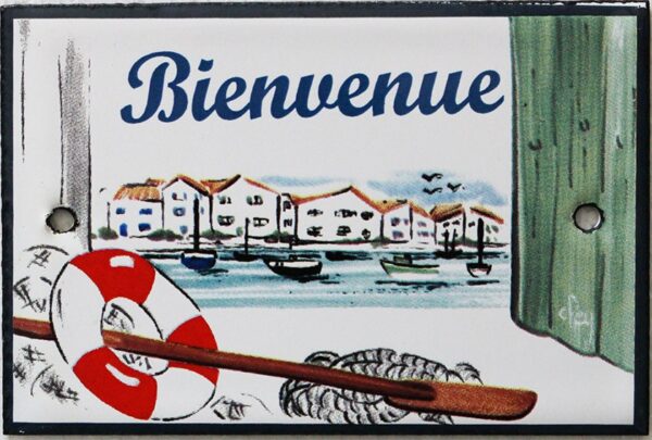 Plaque de porte émaillée plate de 10,5 x 7cm décor Port : BIENVENUE. – Image 2