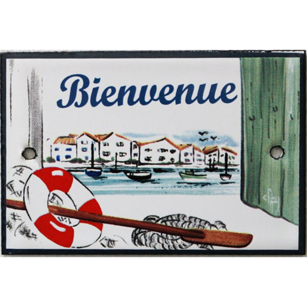 Plaque de porte émaillée plate de 10,5 x 7cm décor Port : BIENVENUE.