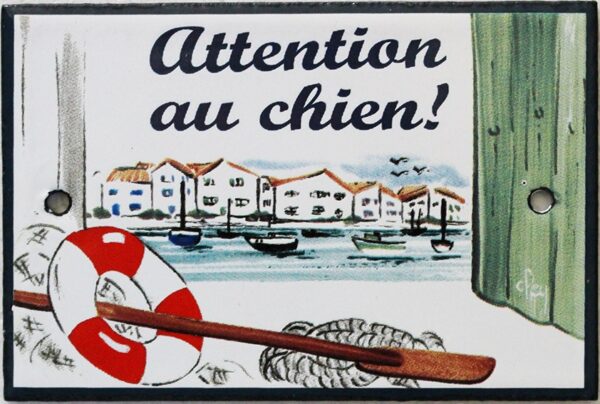 Plaque de porte émaillée plate de 10,5 x 7cm décor Port : ATTENTION AU CHIEN ! – Image 2
