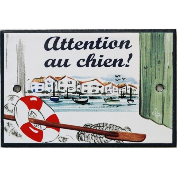 Plaque de porte émaillée plate de 10,5 x 7cm décor Port : ATTENTION AU CHIEN !