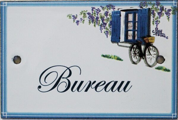 Plaque de porte émaillée plate de 10,5 x 7cm décor Volets bleus : BUREAU. – Image 2