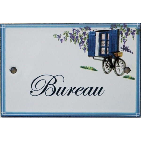 Plaque de porte émaillée plate de 10,5 x 7cm décor Volets bleus : BUREAU.
