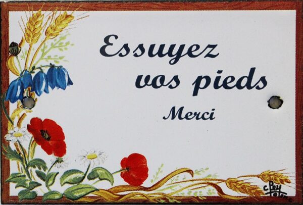 Plaque de porte émaillée plate de 10,5 x 7cm décor Fleurs des champs : ESSUYEZ VOS PIEDS. – Image 2