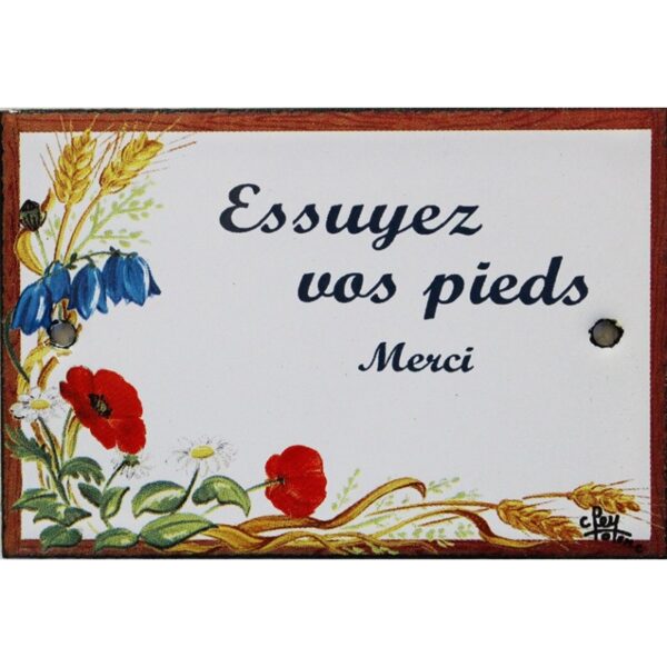 Plaque de porte émaillée plate de 10,5 x 7cm décor Fleurs des champs : ESSUYEZ VOS PIEDS.