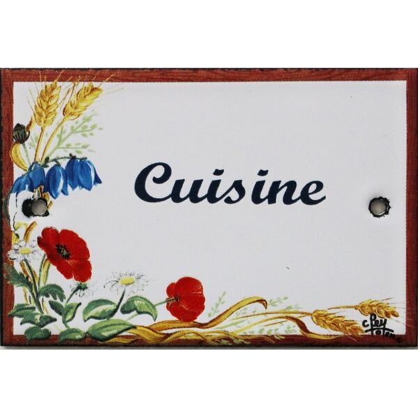 Plaque de porte émaillée plate de 10,5 x 7cm décor Fleurs des champs : CUISINE.
