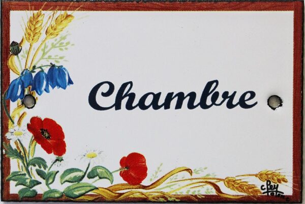 Plaque de porte émaillée plate de 10,5 x 7cm décor Fleurs des champs : CHAMBRE. – Image 2