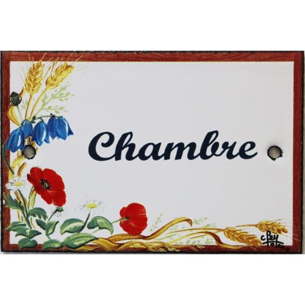 Plaque de porte émaillée plate de 10,5 x 7cm décor Fleurs des champs : CHAMBRE.