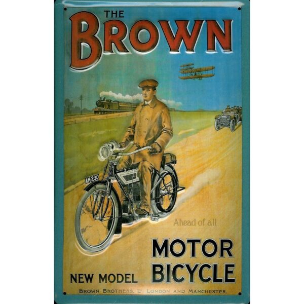 Plaque métal publicitaire 20x30cm bombée en relief : THE BROWN Motorbicycle – Image 2