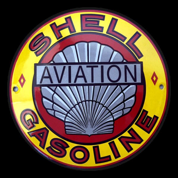 Plaque émaillée publicitaire ronde diamètre 20 cm plate : SHELL GASOLINE AVIATION