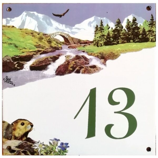 Numéro de rue émaillé 15 x 15 cm Montagne - Numéro 13 avec défaut