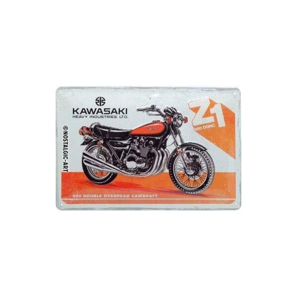 plaque métal publicitaire 20x30cm bombée en relief : KAWASAKI 900 Double Overhead Camshaft