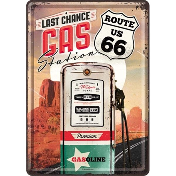 plaque métal publicitaire 20x30cm bombée en relief : LAST CHANCE GAS STATION