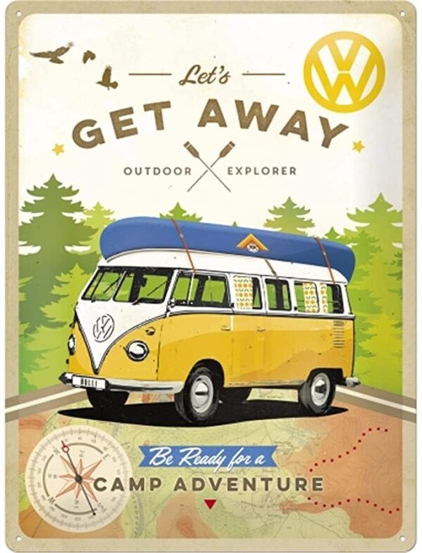 plaque métal publicitaire 30x40cm bombée en relief : VW Combi Be Ready for a camp adventure – Image 2