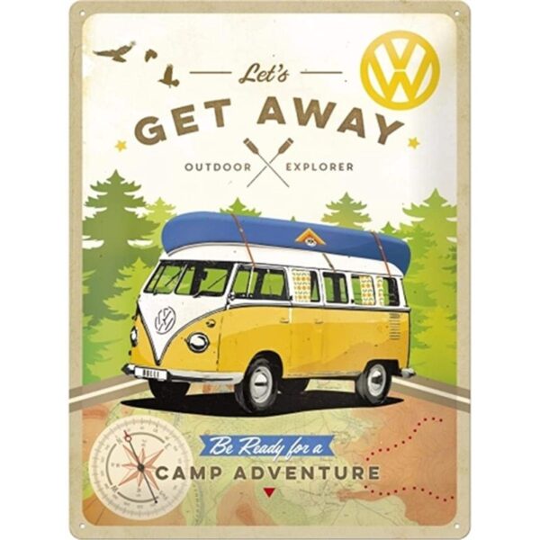 plaque métal publicitaire 30x40cm bombée en relief : VW Combi Be Ready for a camp adventure