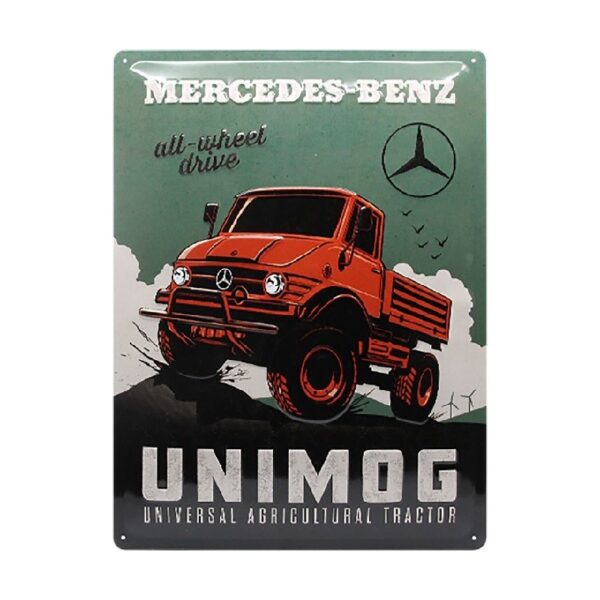 plaque métal publicitaire 30x40cm bombée en relief : MERCEDES-BENZ UNIMOG