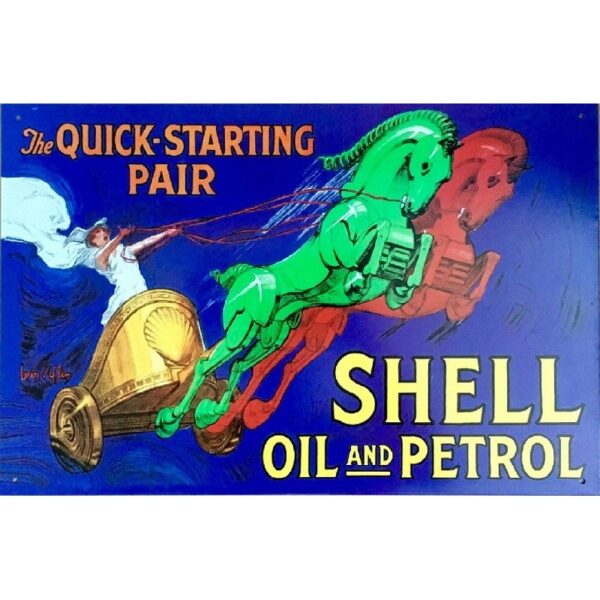 Plaque métal publicitaire 40 x 30cm plate : SHELL OIL AND PETROL - THE QUICK STARTING PAIR