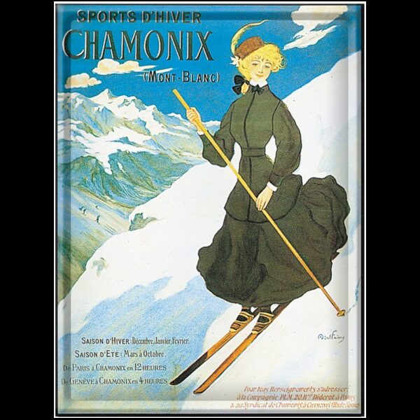 Plaque métal publicitaire 30x40cm bombée : Chamonix Skieuse.