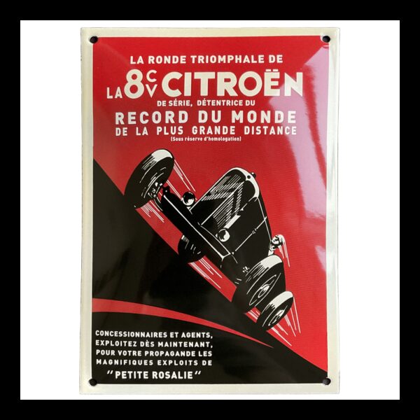 Plaque émaillée bombée : 8 CV Citroen - record du monde