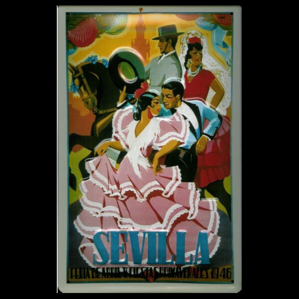 Plaque métal publicitaire 20x30cm bombée en relief : Séville danceurs 1946