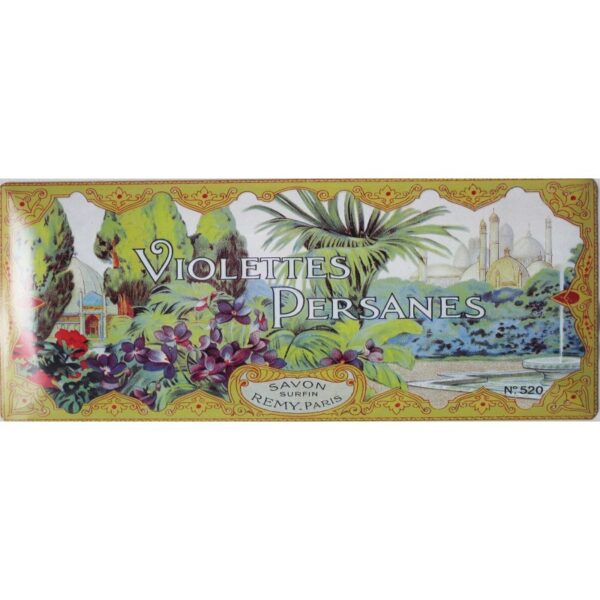 Plaque métal publicitaire 17,5 x 45 cm bombée : Savon VIOLETTES PERSANES