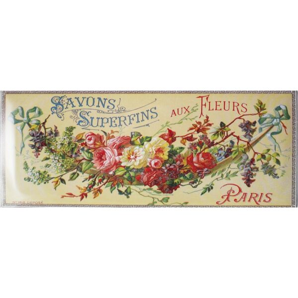 Plaque métal publicitaire 17,5 x 45 cm bombée : Savons SUPERFINS.