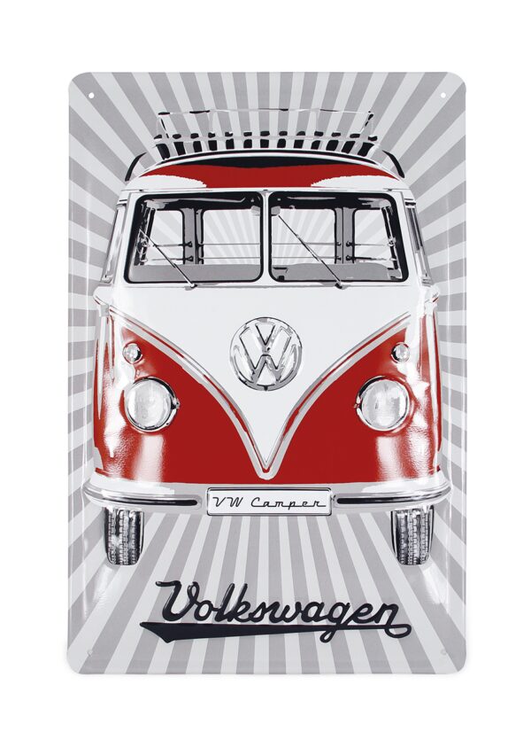 Plaque métal en relief bombée 20 x 30 cm : VW Combi Rouge – Image 2