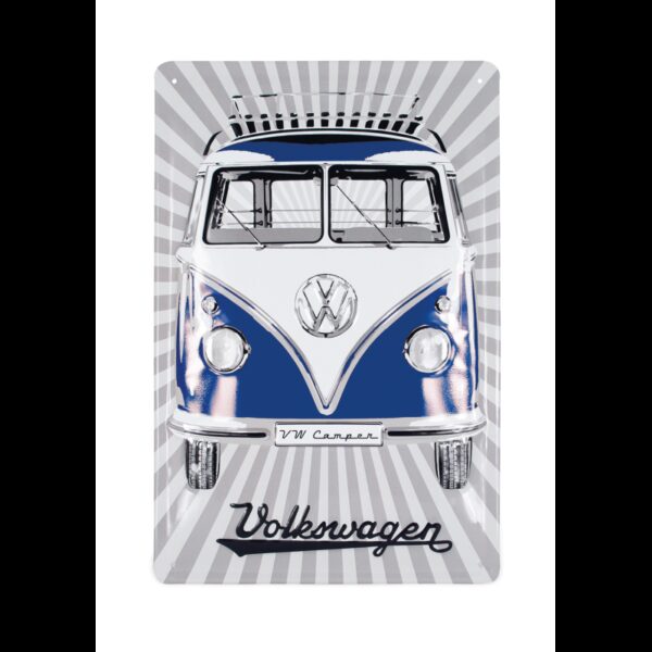 Plaque métal en relief bombée 20 x 30 cm : VW Combi Bleu