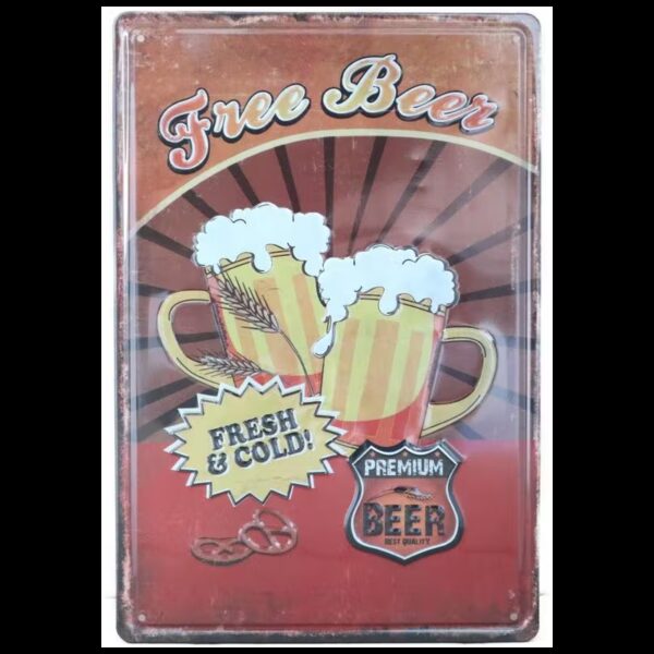 Plaque métal publicitaire plate avec relief 20 x 30 cm : Free Beer