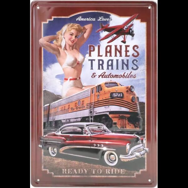 Plaque publicitaire plate relief 20x30 cm : Planes Trains & Automobiles